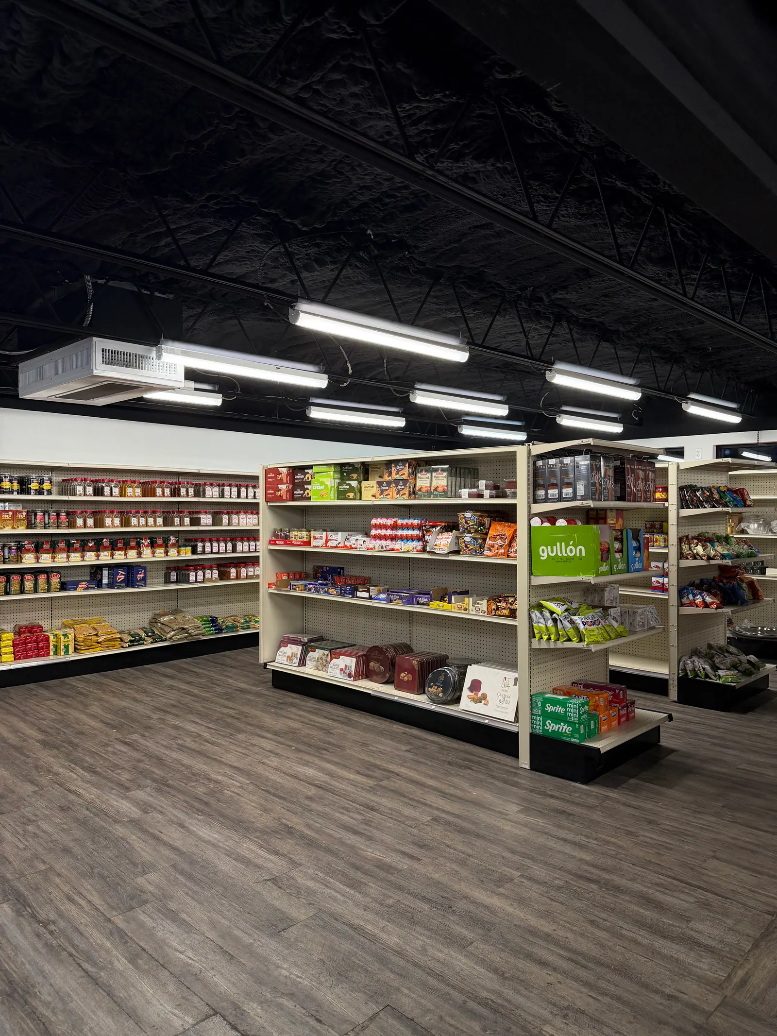 Aisles of imported snacks, sweets, and pantry goods inside Middle Beast Market